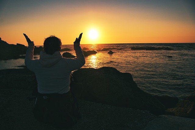 Girl Meditation Sunset Sea Coast 